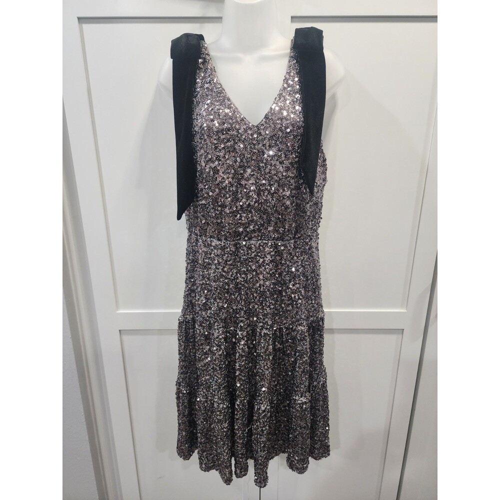 NEW MNK Tiered Charcoal Sequin Dress with Black Bow Straps, Size Large